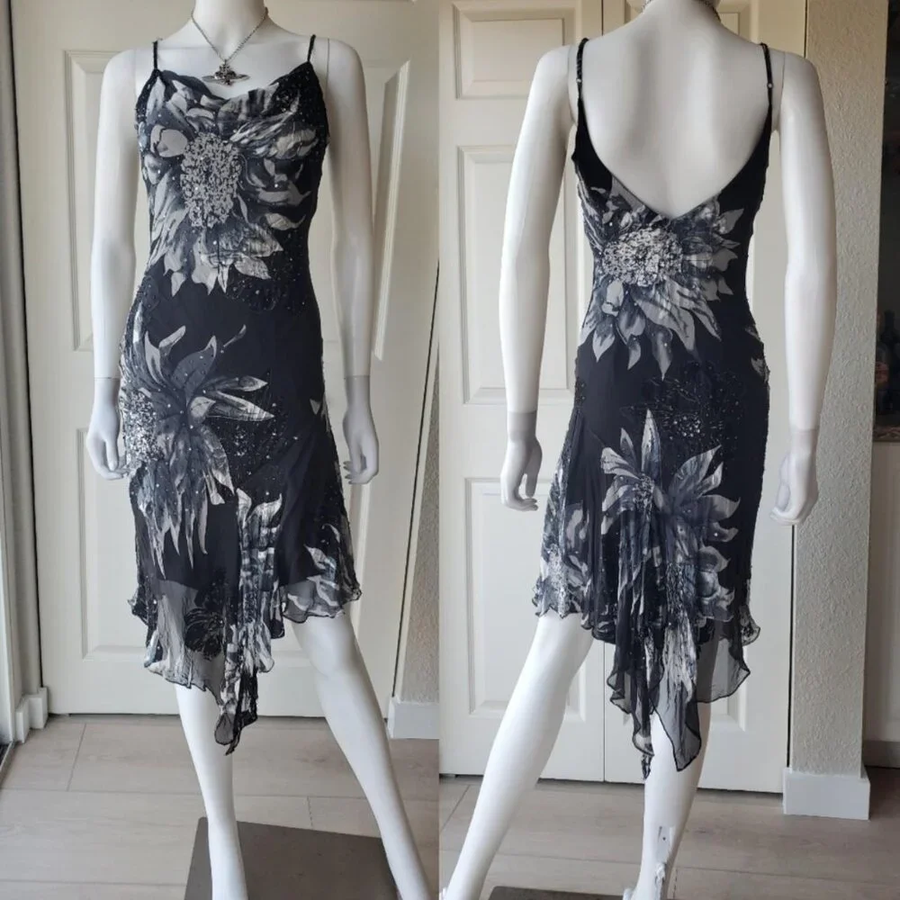 Cache Silk Blend Sleeveless Midi Beaded Dress Asymmetrical Hem - Picture 2 of 10